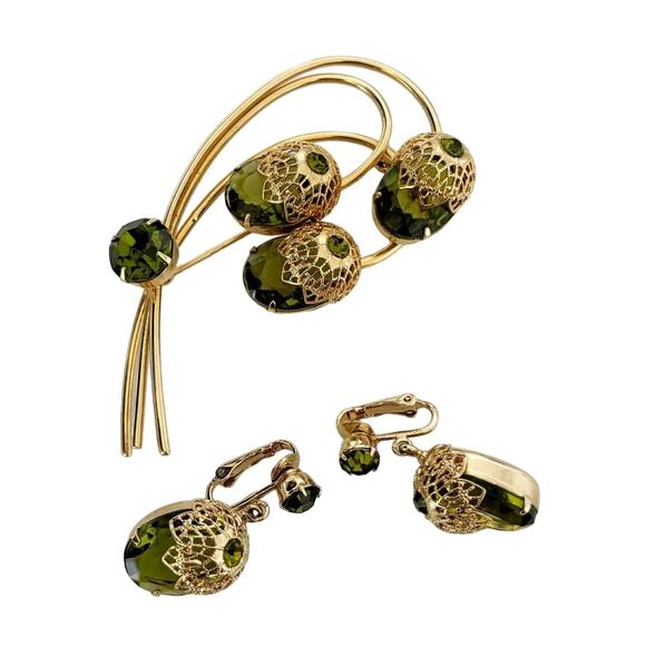 Vintage Sarah Coventry Touch of Elegance Brooch and Earring Set Green - Picture 2 of 16